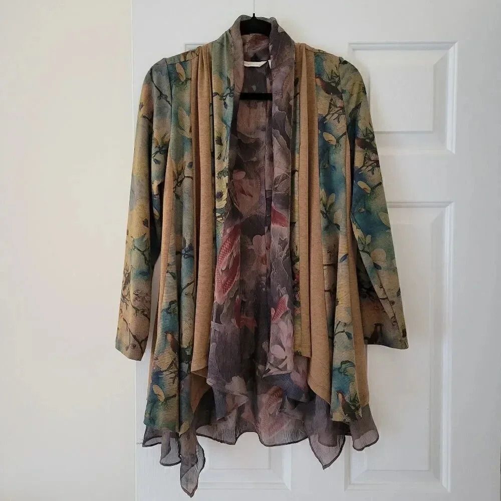 Soft Surroundings Tea Gardens Topper Printed Floral Open Cardigan Ps